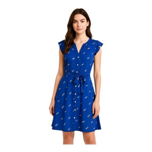 NWT Women's LOFT Outlet Blue Floral Button Front Belted Shirt Dress Size 4